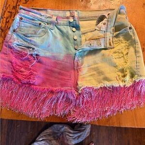 Upcycled Levi’s 501 Colorful Tie-Dye Fringe Denim Shorts